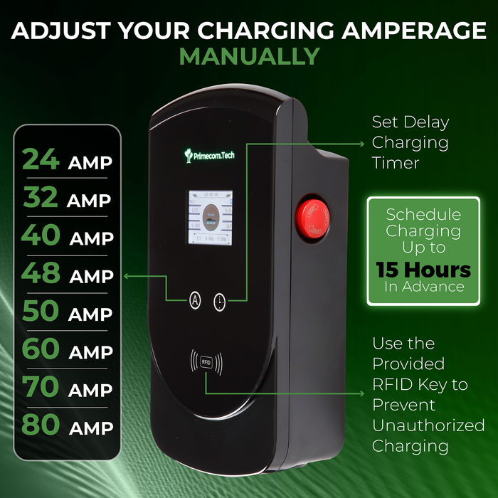 Primecom 80 Amp Level 2 EV Charger | 277/480 Volt AC Single Phase J1772 | 50 Feet Cord Lengths