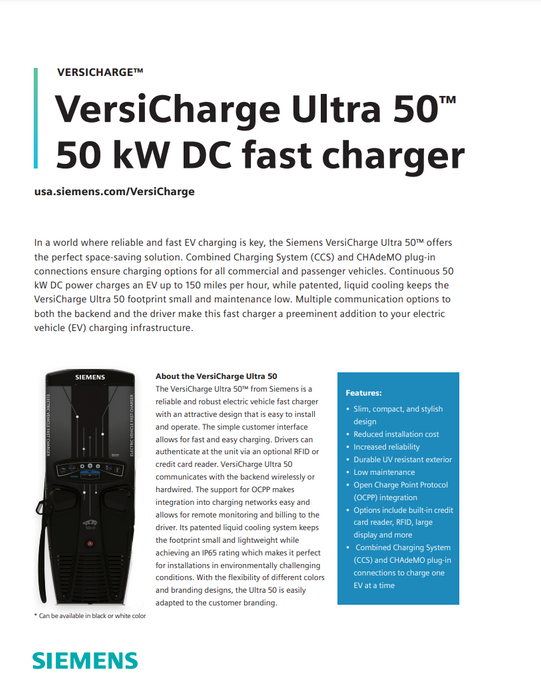 Siemens VersiCharge Ultra 50™ VSCULT50SAG Fast Electric Vehicle Charging Station, 380 to 480 VAC, 3 ph Phase