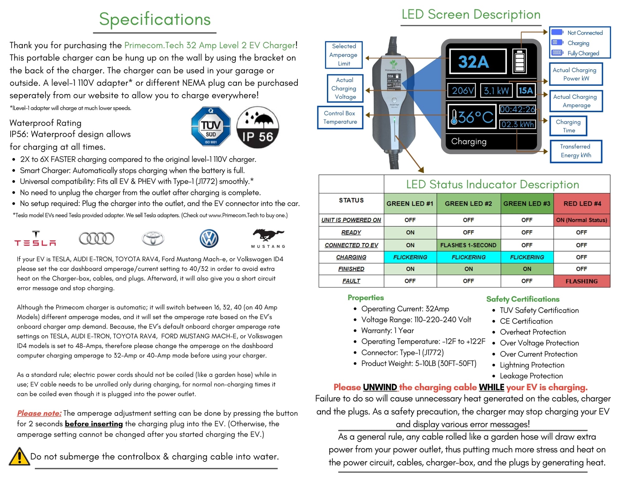 Primecom 32 Amp Level 2 Electric Vehicle (EV) Charger Amperage Adjusta ...